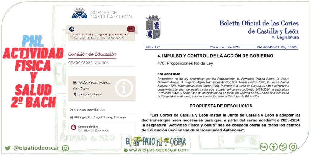 elpatiodeoscar's tweet photo. 🚨ATENCIÓN PROFES #EDUFIS 🚨 El viernes en Comisión de Educación @Cortes_CYL debate PNL sobre la asignatura “Actividad física y Salud” como obligada oferta centros @educacyl 2º BACH. Muy importante su aprobación 🙌🏻 @PPopularCyL @PSOE_CyL @Vox_CortesCyL @SoriaYA_CCCyL  @UPLeones https://t.co/Q1djwkJ9qJ