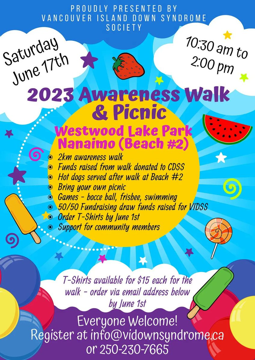 The 2023 Awareness Walk &amp; Picnic presented by the Vancouver Island Down Syndrome Society is taking place June 17th, 2023.

For event details and registration for the walk visit: buff.ly/3Ed0MCj 

Raising funds for the <a href="/CdnDownSyndrome/">Canadian Down Syndrome Society</a> 

#awarenesswalk #fundraiser