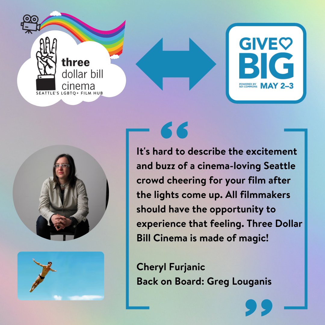 3DollarBillCine's tweet photo. Help us reach our new goal! #GiveBIG 

You'll be supporting incredible and vital Seattle programs like Seattle Queer Film Festival, TRANSlations: Seattle Trans Film Festival, Reel Queer Youth, OUTdoor Cinema, and much more! #CherylFurjanic #WesHurley #STFF #SQFF https://t.co/tVdK0VFA4D
