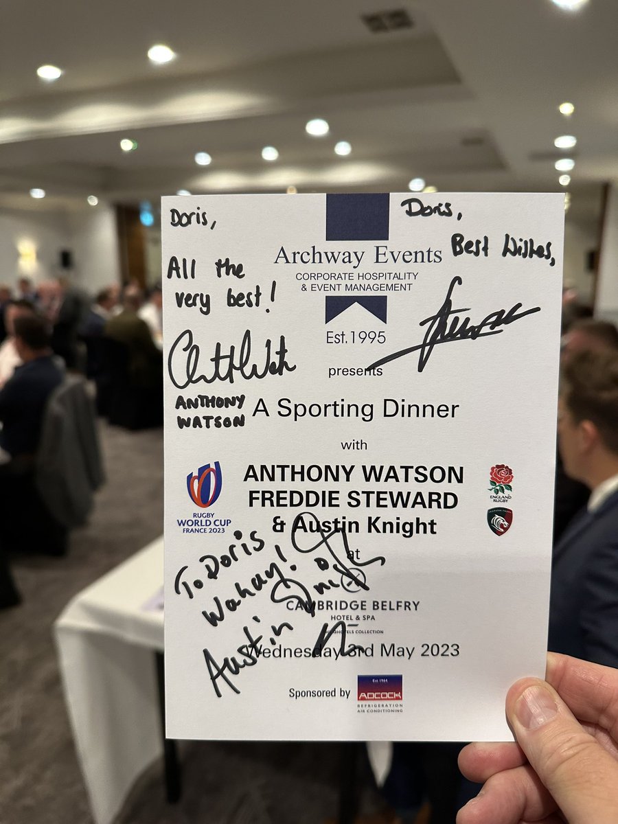 Another successful sporting dinner in Cambridge - guest speakers of <a href="/anthonywatson_/">Anthony Watson</a>  Freddie Steward &amp; <a href="/comedianuk/">austin knight</a> 

<a href="/AdcockUK/">Adcock</a> <a href="/FrameSmart/">FrameSmart</a> <a href="/nigel_claydon/">Nigel Claydon</a> <a href="/ASPIN665/">Andrew Aspinall</a> <a href="/steveelsom1/">Steve Elsom</a> <a href="/simplymagic19/">Sean Goodman</a> <a href="/DeniseABrady/">Denise Brady Photography</a> <a href="/CambridgeBelfry/">Cambridge Belfry</a>