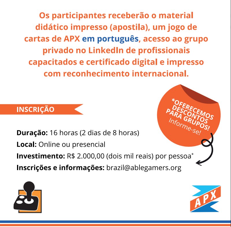 A ONG <a href="/AbleGamersBR/">AbleGamers Brasil</a>, está oferecendo um curso de APX (Accessible Player Experience), padrões de design que possuem o intuito de trazer mais acessibilidade para videogames! Para saber mais detalhes do conteúdo ensinado, confira o link: accessible.games/certified-apx-…