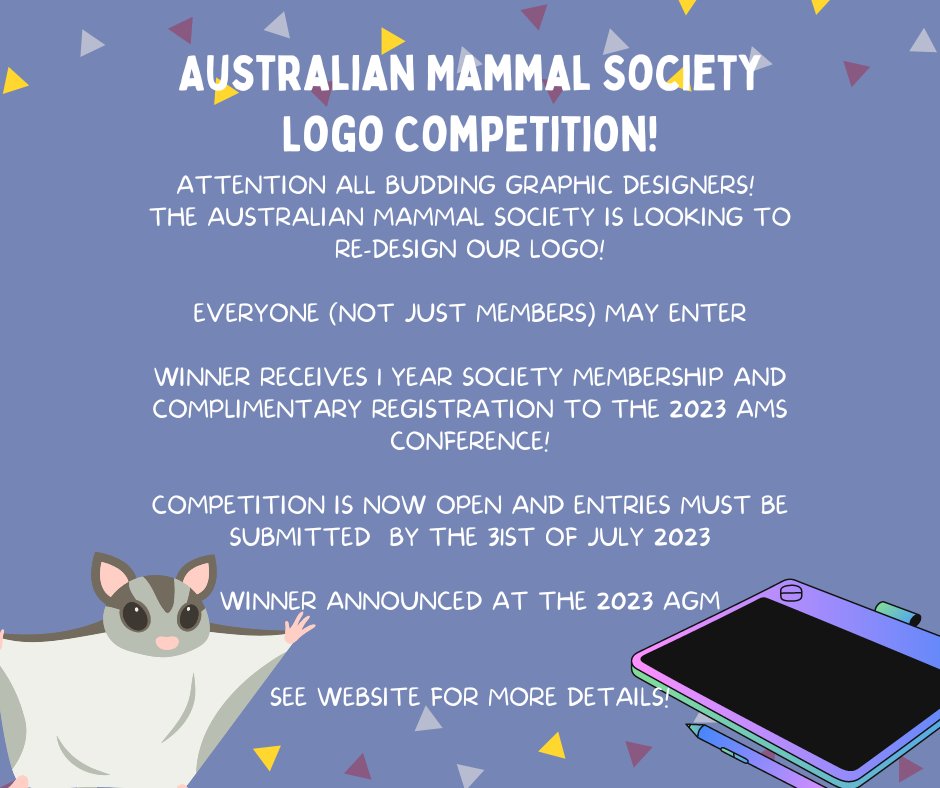 📣Attention all budding graphic designers! 

We are re-designing our logo and need your help. Submit your designs to win a one-year membership and conference registration! 

Follow this link for T&amp;C and more information australianmammals.org.au/about_us/ams-l…