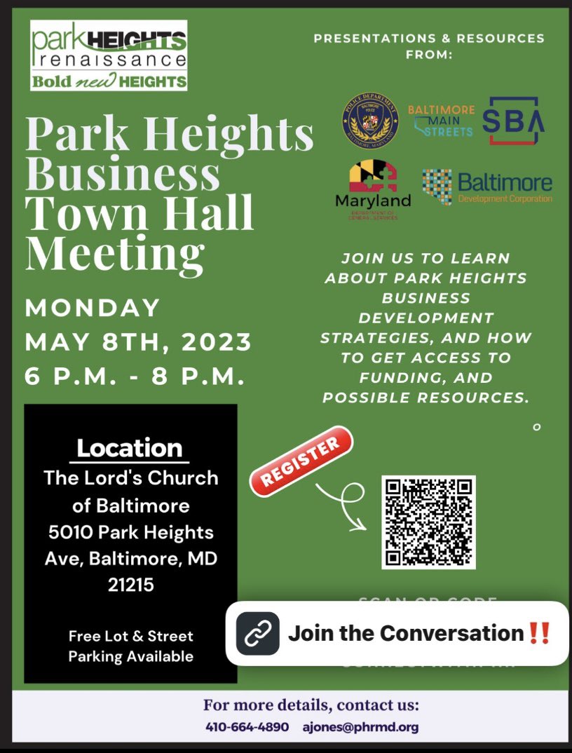 Stinnett_41st's tweet photo. Park Heights Renaissance….
Park Heights Business Town Hall Meeting on Monday, May 8, 2023.
#PHR #BPD #BaltimoreMainStreets #SBA #MDDGS #BDC https://t.co/Dji3IyIxbA