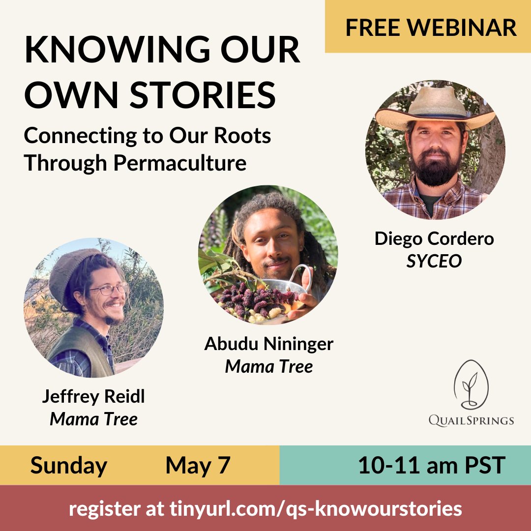 How do different cultural backgrounds inform permaculture practice? Join us with guest speakers Abudu Nininger, Diego Cordero, and Jeffrey Reidl as they talk about their journeys with #permaculture! Register at tinyurl.com/qs-knowourstor… #agroecology #culture #socialecology