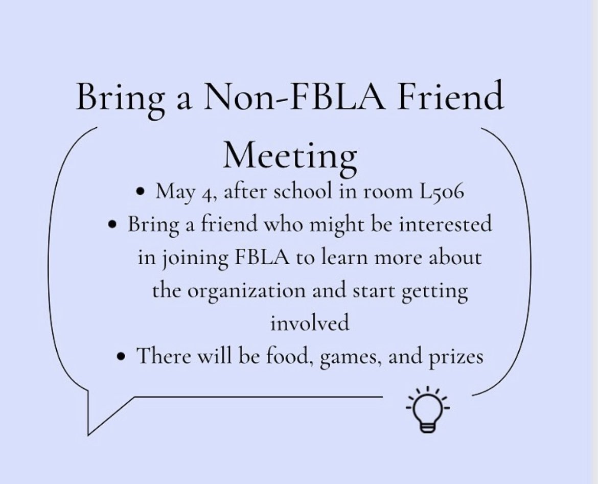 FREEDOMHS_FBLA's tweet photo. Come learn more about FBLA, win prizes, and enjoy snacks with us tomorrow! Current and future FBLA members are invited. https://t.co/QuM6BOk7rF