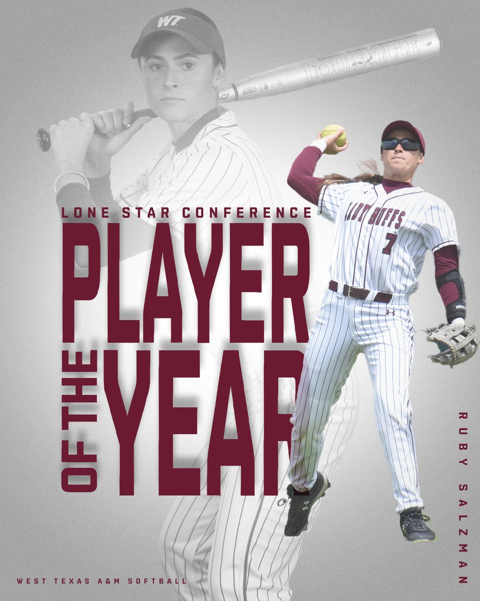 WTAMUSoftball's tweet photo. Introducing your 2023 Lone Star Conference Player of the Year... RUBY SALZMAN!! Also, her glove is GOLDEN!!

#BuffNation https://t.co/ZDCY4p4xu5