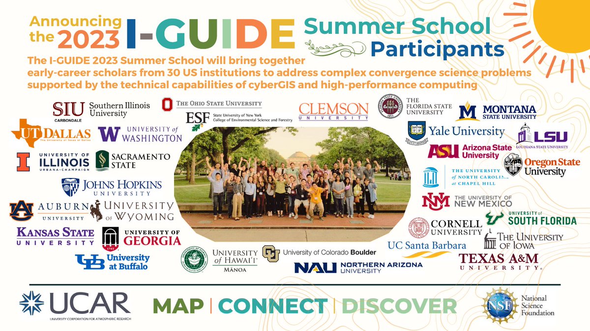 We're thrilled🤩to announce the participants for the 2023 <a href="/NSFiGUIDE/">I-GUIDE</a> Summer School! 😎🏖️This year's cohort will bring together early-career scholars from thirty institutions (👉bit.ly/414lA8Y)! 👩‍💻🧑‍💼 Looking forward to an amazing week of learning 🤔and collaboration🤝!