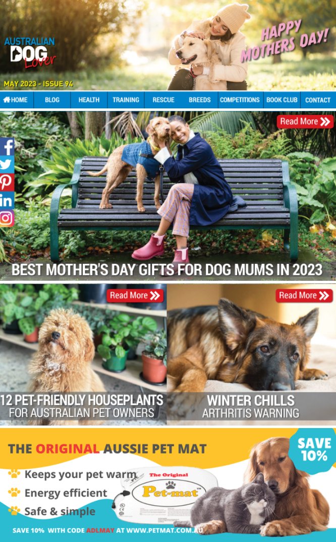 OzDogLover's tweet photo. 🗞️Our #AustralianDogLoverMagazine May 2023 No.94 is out (free)! https://t.co/LVbZON1DPz
💐#MothersDayGifts for #DogMums🐾, Winter Chills: #Arthritis Warning, #petfriendly Houseplants, Boom in Mobile Vets, 🎁Win #PetFirstAidKit, What's New, #DogLoversBookClub, 2023 #DogEvents etc https://t.co/WhP2gFRj5v