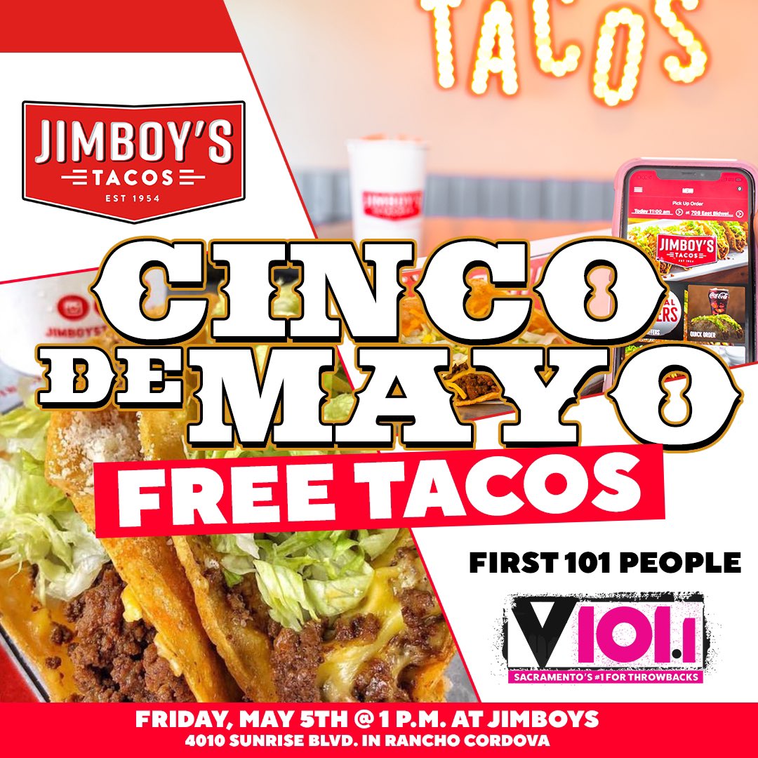 Celebrate Cinco De Mayo this Friday ! <a href="/STRAWBERRYradio/">STRAWBERRY</a> is #SpreadingTheLove + giving away 101 free tacos to listeners at 1p at the Jimboy's Tacos -4010 Sunrise Blvd in Rancho Cordova! Download the Jimboys App and get your free signature Ground Beef Taco 🌮