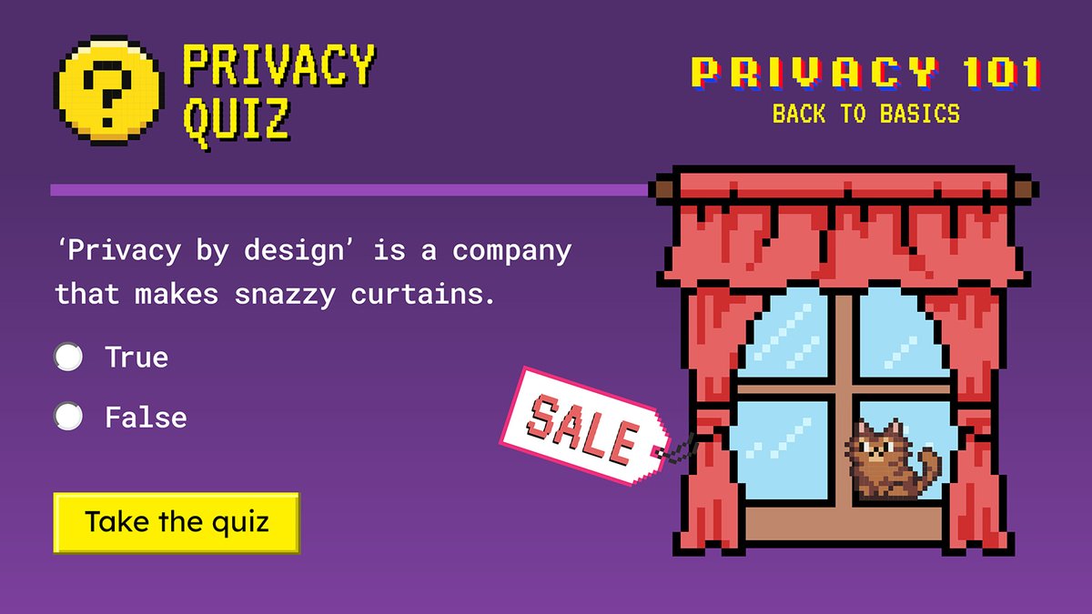 OAICgov's tweet image. ‘Privacy by design’ is a company that makes snazzy curtains. True or false?

Find out the answer to this curly question and many more by taking our #PrivacyAwarenessWeek quiz: education.oaic.gov.au/paw2023/for-in… #PAW2023