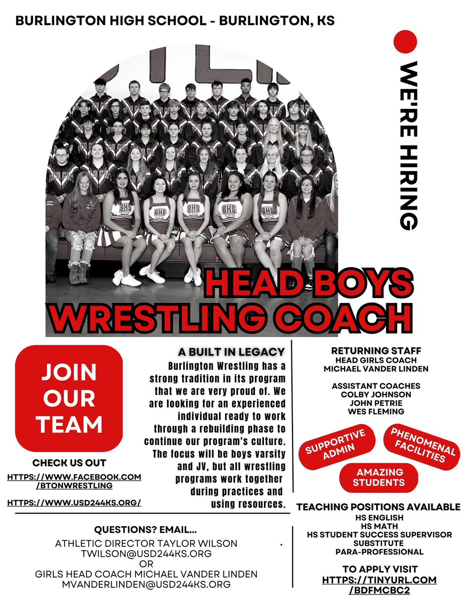 bhsmte244's tweet photo. Burlington High School is looking for a Boys Head Wrestling Coach for the 23-24 school year and beyond. See the picture for more details. Links pasted in the comments. https://t.co/c4CuGaTgvD