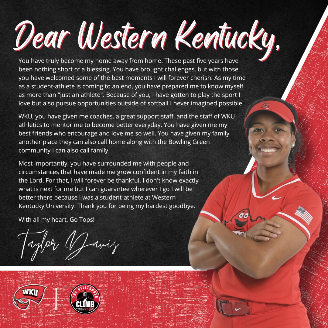 The Hilltopper CLIMB (@hilltopperclimb) on Twitter photo As our seniors prepare for graduation, we gave them the opportunity to write a letter back to <a href="/wku/">Western Kentucky University</a> ๐ด
"I don't know exactly what is next for me, but I can guarantee wherever I go, I will be better because I was a student-athlete at <a href="/wku/">Western Kentucky University</a> "
<a href="/tdizzle126/">Taylor Davis</a> of <a href="/WKUSoftball/">WKU Softball</a>๐ฅ
#GoTops As our seniors prepare for graduation, we gave them the opportunity to write a letter back to <a href="/wku/">Western Kentucky University</a> ๐ด
"I don't know exactly what is next for me, but I can guarantee wherever I go, I will be better because I was a student-athlete at <a href="/wku/">Western Kentucky University</a> "
<a href="/tdizzle126/">Taylor Davis</a> of <a href="/WKUSoftball/">WKU Softball</a>๐ฅ
#GoTops