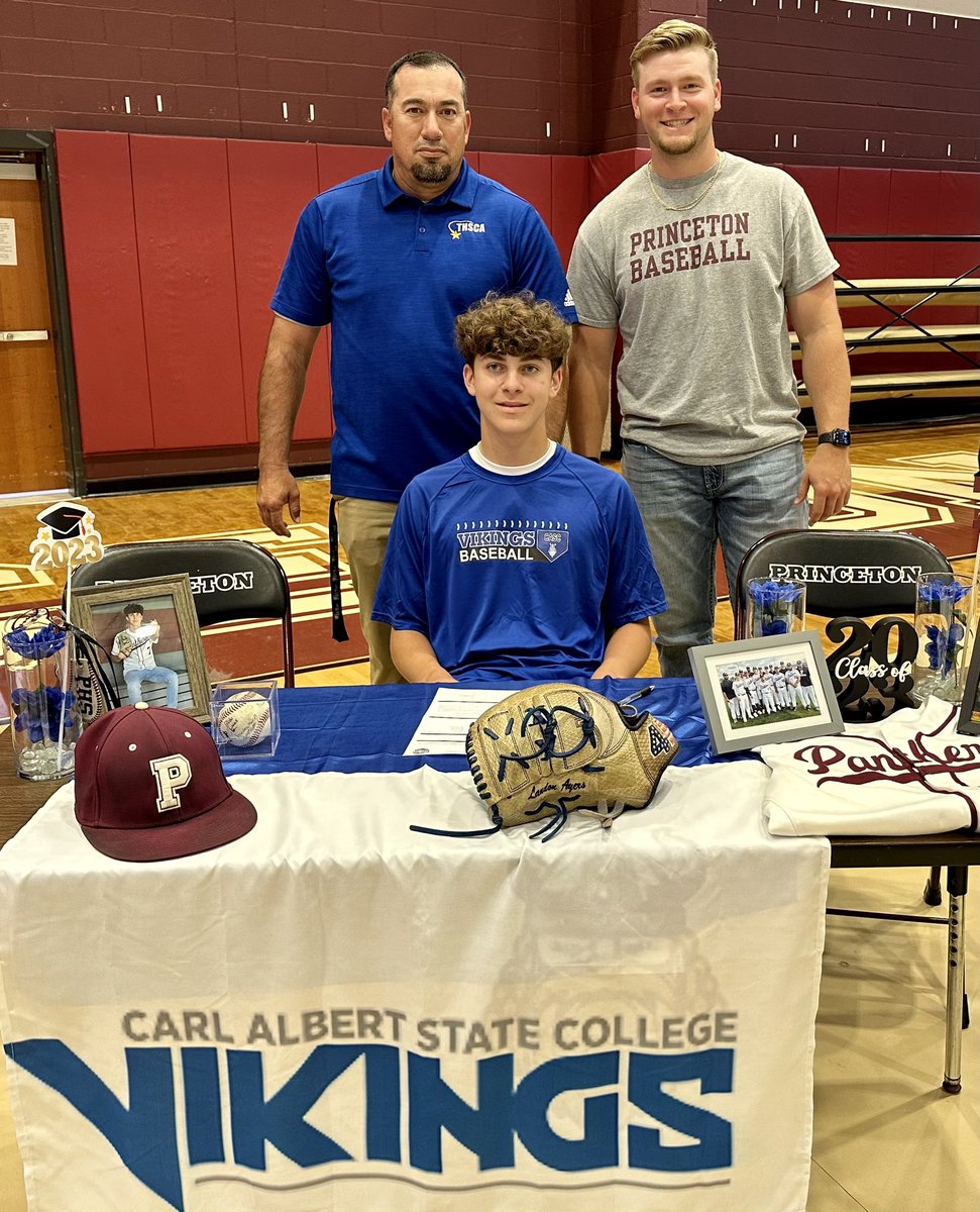 PrincetonISD's tweet photo. Landon Ayers signed his letter of intent to play baseball for Carl Albert State College, a school in the National Junior College Athletic Association, located in Poteau, Okla. He was joined by his mom, Charlotte Balch. #PanthersOnTheMove @CASCBaseball https://t.co/8QXUGZM2vy