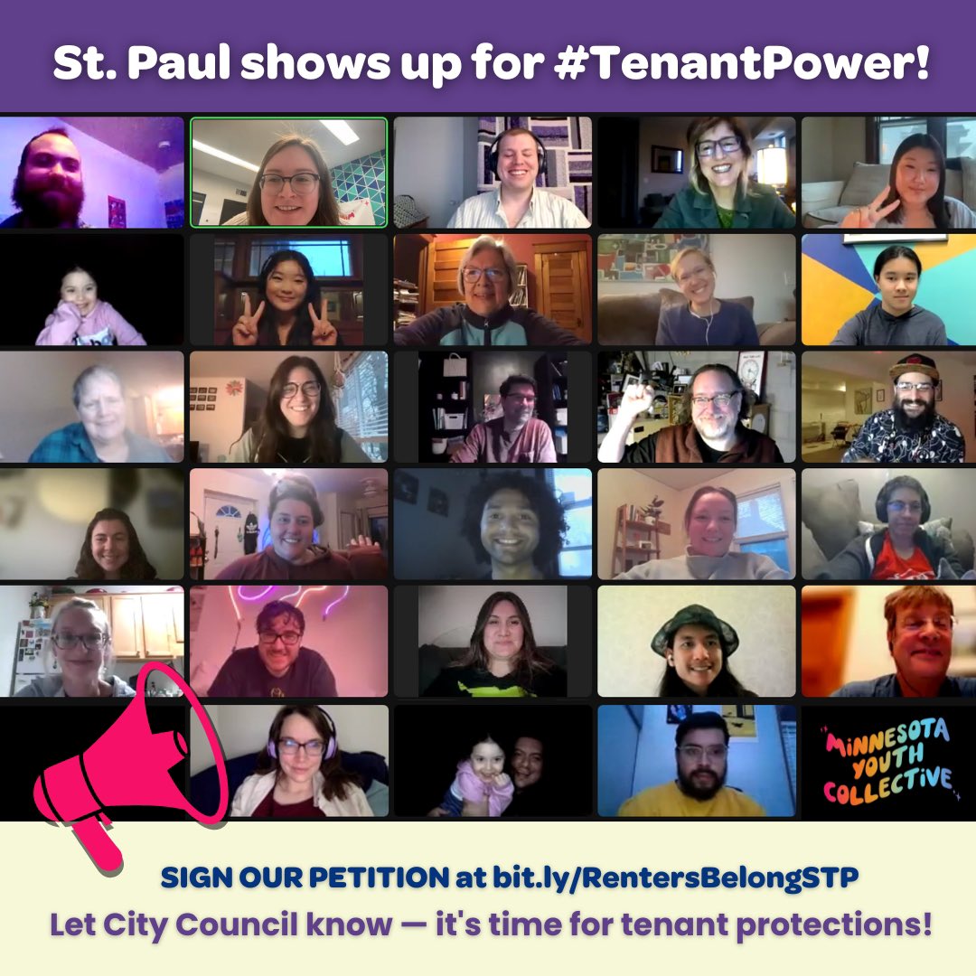 mnycollective's tweet photo. ⚡️ Last week, nearly fifty people came together over Zoom to take action for a St. Paul where everyone has a safe and stable home. 🏡 Join us in making your voice heard by signing our petition at https://t.co/oxJEY8Kz4E 📝 https://t.co/4YUMiCG5HW