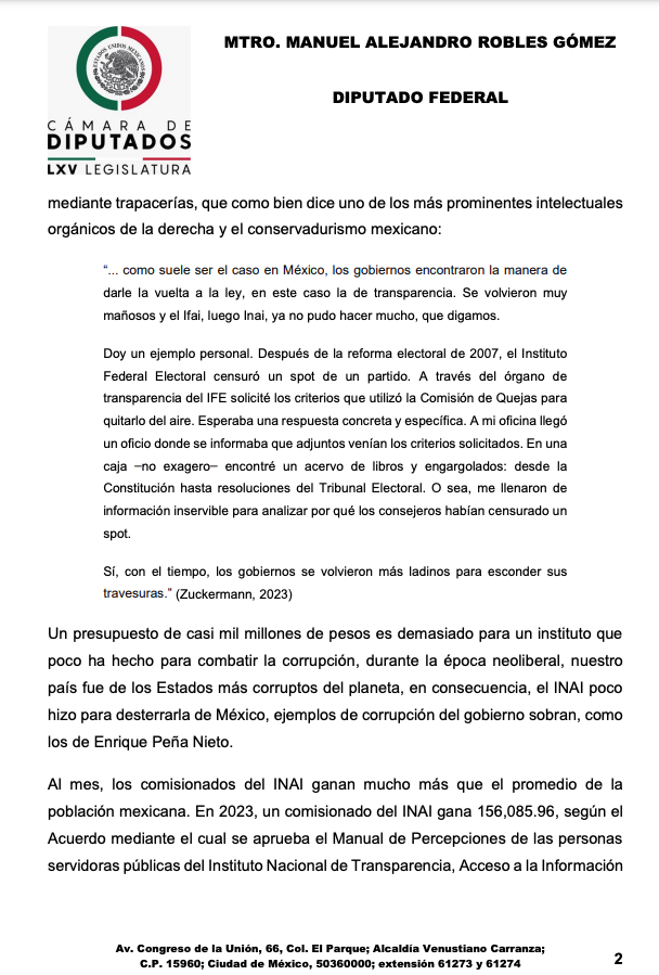 Para la sección llamada "Legisladores Mandaderos"; ahora tenemos al Diputado federal por <a href="/PartidoMorenaMx/">Morena</a> Manuel Alejandro Robles Gómez con otra iniciativa en <a href="/Mx_Diputados/">H. Cámara de Diputados</a> que pretende desaparecer al <a href="/INAImexico/">INAI</a> 
<a href="/JulietDelrio/">Julieta Del Río Venegas</a> <a href="/AdrianAlcala75/">Adrián Alcalá</a> <a href="/bl_ibarra/">Blanca Lilia Ibarra</a> <a href="/JosefinaRomanV/">Josefina Román V.</a>