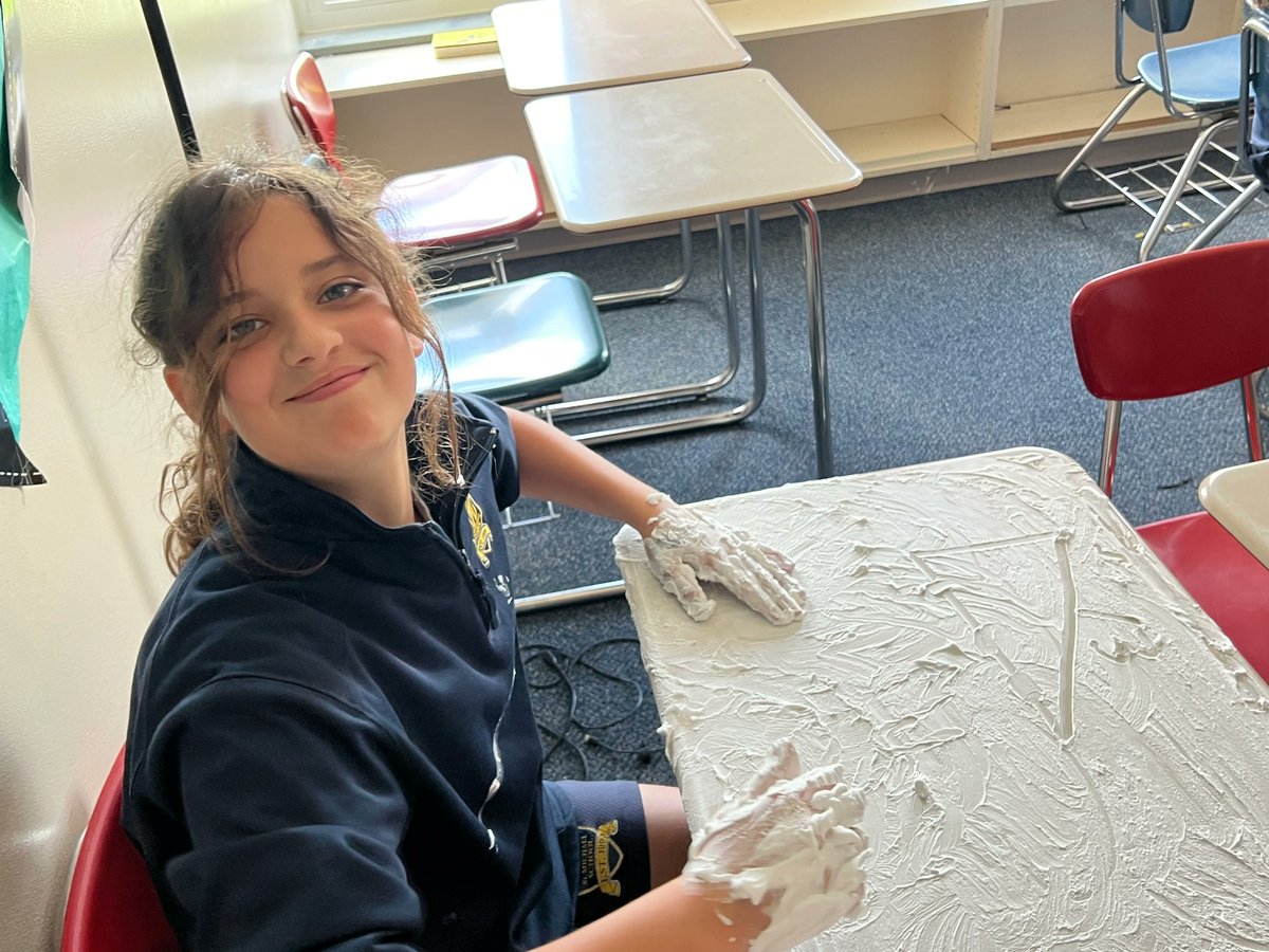 StMSCary's tweet photo. StMS teachers are the best! Mrs. Kobet made math extra-fun this week by having her Grade 7 students practice finding the area of irregular shaped objects in shaving cream!  #CreativeMath https://t.co/xuIhjcHijT