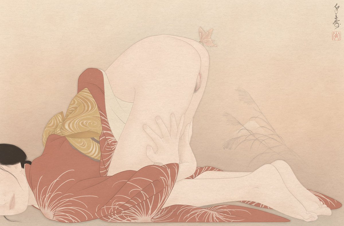 New shunga print in my ongoing series "36 Views of Mount Fuji". This one is titled "Chouchou no yume (the butterfly's dream)".

Prints available at twocranesgallery.com/36-views-of-mt…