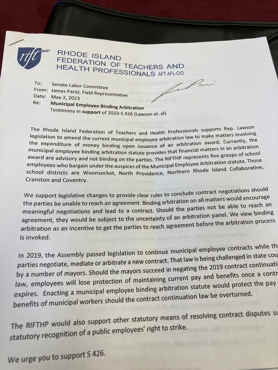 Thank you ⁦<a href="/RISenate/">Rhode Island Senate</a>⁩ Labor Committee for passing municipal employee binding arbitration legislation this afternoon. On to the floor!