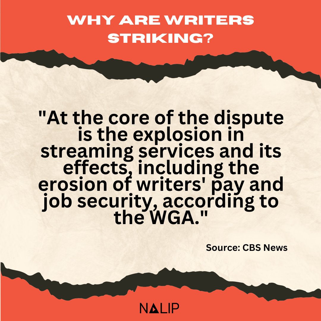 NALIP_org's tweet photo. The Writers Guild of America (WGA) is on strike following failed negotiations with the Alliance of Motion Picture and Television Producers (AMPTP). Here are resources to stay informed. For updates, visit @WGAWest  &amp; @WGAEast  #WGAStrike https://t.co/mRjbo6ATox