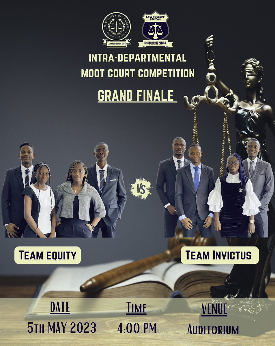 UnimakLaw's tweet photo. It is our pleasure to inform you that the two teams that have proceeded to the finals of the ABDULAI HAMID MOOT COURT COMPETITION have been selected. After a rigorous and competitive process, we have identified the following teams:

- TEAM EQUITY

- TEAM INVICTUS https://t.co/mUK8zFUjuA