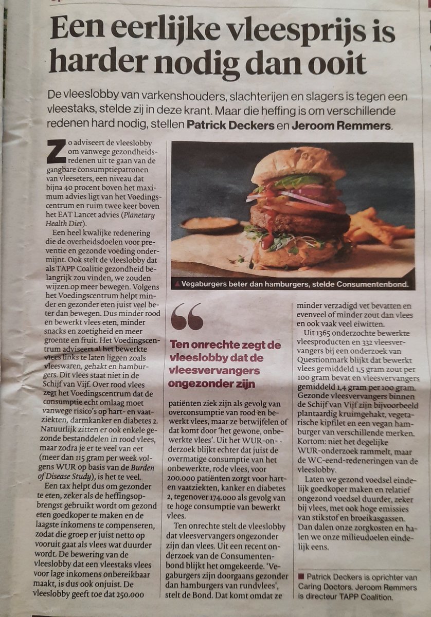 Het AD had 11 april een groot artikel over een eerlijke vleesprijs. De vleeslobby stuurde een slap 'Wij van WC-eens' opinie artikel naar AD, waar wij weer op reageerden zie foto. ad.nl/opinie/stop-he….  Ondertussen kwamen we op TV bij Op1, 1Vandaag zie: tappcoalitie.nl/nieuws/20170/w…