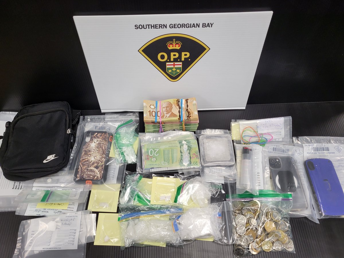 Cash and drugs seized by #SGBOPP uniform officer after stunt driver stopped on Rumney Road @TayTownship.  Cocaine, Fentanyl, methamphetamine, prescription pills and a load of Canadian currency wiped off the streets of North Simcoe. #RoadSafety  #OPPStreetCrime^dh