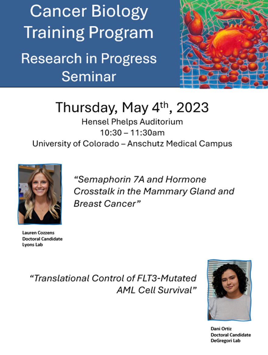 CU Anschutz Cancer Biology Graduate Program (@cucancerbio) on Twitter photo See you tomorrow for <a href="/LaurenCozzens/">Lauren Cozzens</a> in the <a href="/tracirlyons/">Traci Lyons</a> lab and <a href="/danireneeoc/">Daniela R. Ortiz Chavez</a> in the DeGregori lab for their RIP presentations! #BestYouCANB See you tomorrow for <a href="/LaurenCozzens/">Lauren Cozzens</a> in the <a href="/tracirlyons/">Traci Lyons</a> lab and <a href="/danireneeoc/">Daniela R. Ortiz Chavez</a> in the DeGregori lab for their RIP presentations! #BestYouCANB