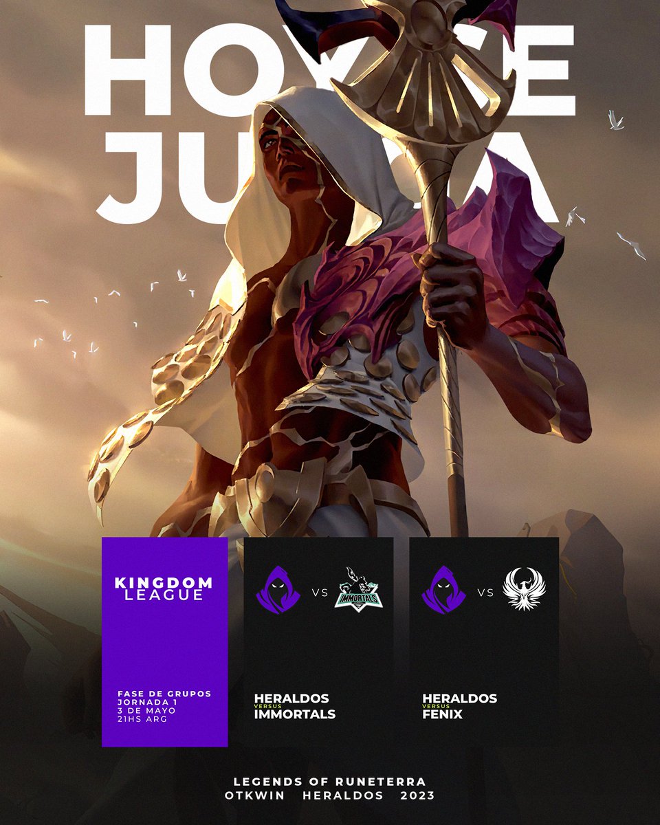 HOY SE JUEGA! ✨

🆚 @IMT_Esports <a href="/fnxesportslor/">Dark Fênix Esports</a> 
🏆 <a href="/kingdom_league/">The Kingdom League</a> 
🎮 #LegendsOfRuneterra 
⏰ 18hs ARG 🇦🇷

💜#Heraldos #OTKWIN <a href="/LoRLATAM/">Legends of Runeterra LATAM</a>🖤