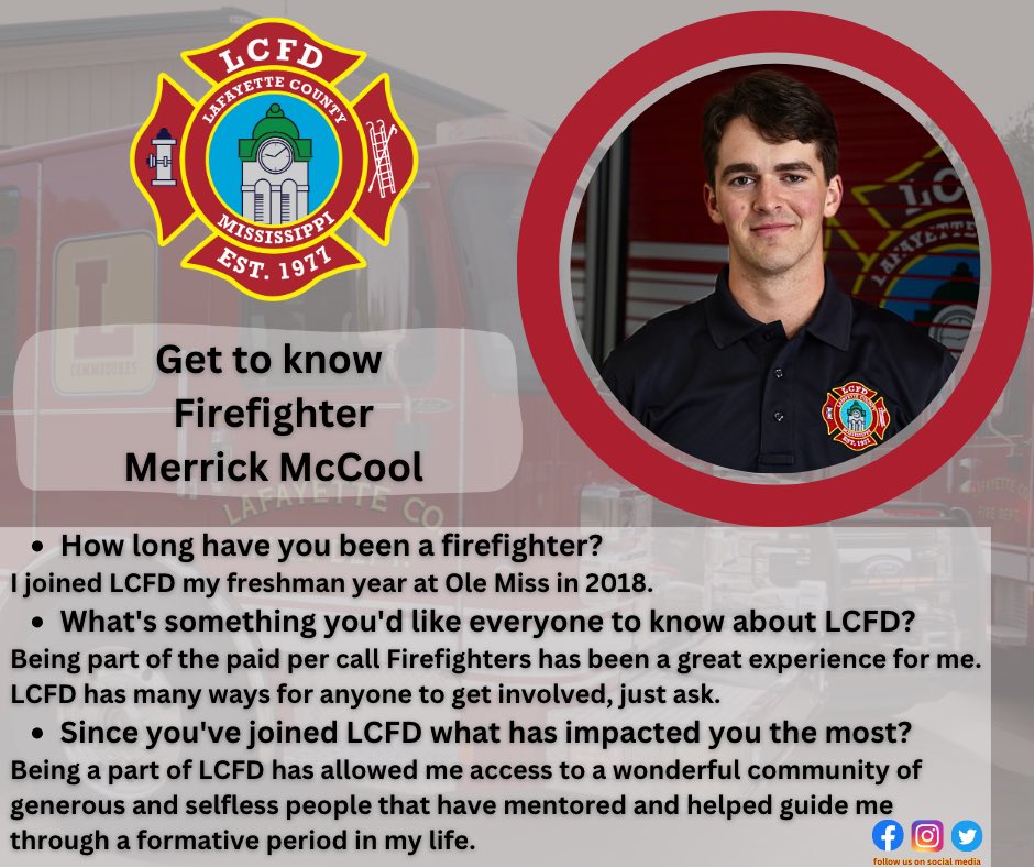 LafayetteCo_FD's tweet photo. 🚒Meet one of our amazing firefighters, Merrick McCool! Merrick joined LCFD during his freshman year at @OleMiss back in 2018 and has been an integral part of our department ever since.👨‍🚒 https://t.co/wtgQonqx7V