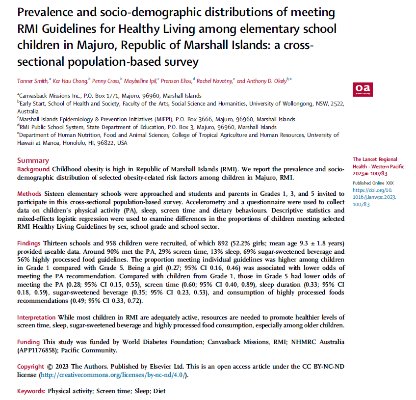 Kar Hau Chong (@drjohnchong) on Twitter photo New publication <a href="/LancetRH_WPac/">The Lancet Reg Health-West Pacific</a>
#First study to report children's compliance with RMI Guidelines for Healthy Living 🇲🇭
sciencedirect.com/science/articl…
<a href="/tonyokely/">Anthony Okely</a> <a href="/PennyCross_au/">Penny Cross</a> New publication <a href="/LancetRH_WPac/">The Lancet Reg Health-West Pacific</a>
#First study to report children's compliance with RMI Guidelines for Healthy Living 🇲🇭
sciencedirect.com/science/articl…
<a href="/tonyokely/">Anthony Okely</a> <a href="/PennyCross_au/">Penny Cross</a>