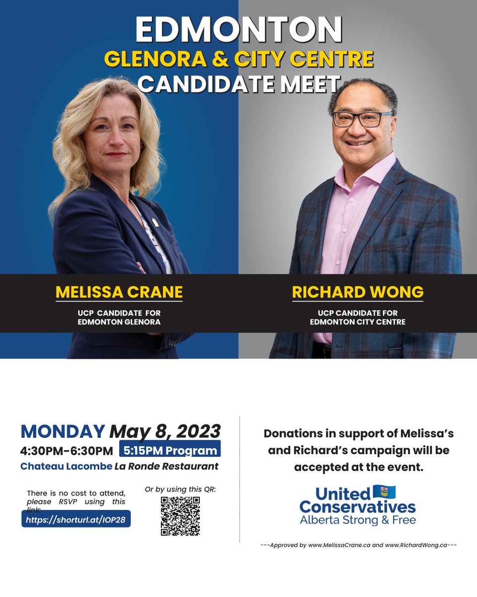 Meet the candidates for Glenora and Edmonton City Centre! 🥂

RSVP through Eventbrite shorturl.at/IOP28

#yeg #yegevents #ab #ucp #unitedconservativeparty #downtownyeg #paintthetownblue #richardwongdowntownstrong #downtownedmonton #edmontoncitycentre #yegnetworking #yegb...