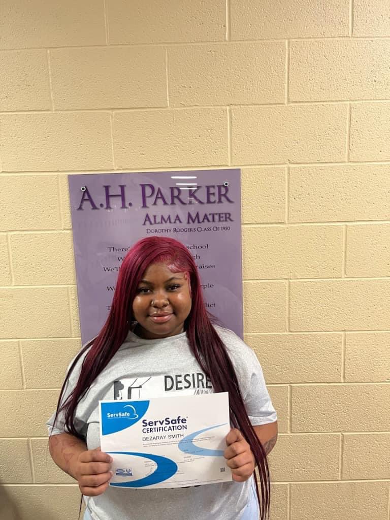 BCSCTE's tweet photo. Congratulations to Dezaray Smith, a Senior in the Urban Educators Academy, A. H. Parker High. She successfully passed her ServSafe Manager credential exam today. Great Job, Dezaray! We are so proud of you. #BCSCTE https://t.co/S4D1Q0NSmj