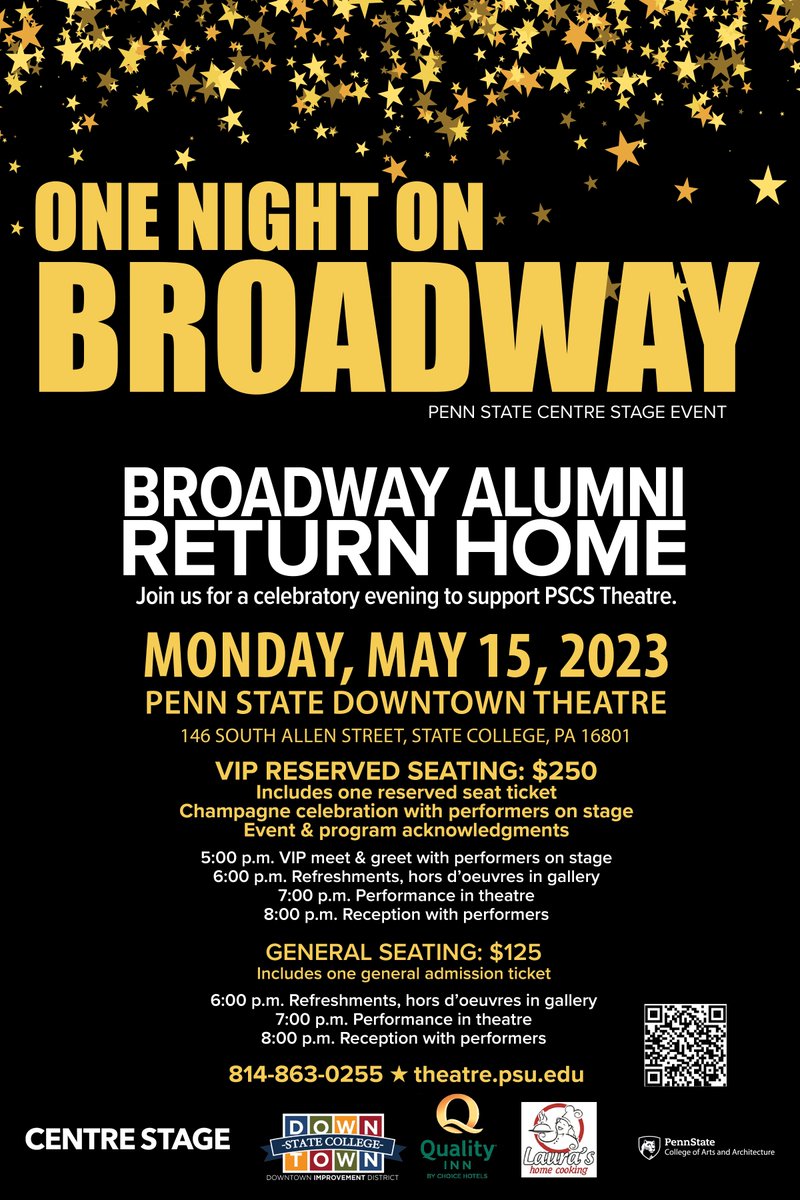 Penn State Centre Stage will be hosting One Night on Broadway on Monday, May 15! Join us as we welcome back Penn State Alumni who have been working on Broadway performances post-graduation!

Purchase your tickets here: ow.ly/CoAq50Offfc