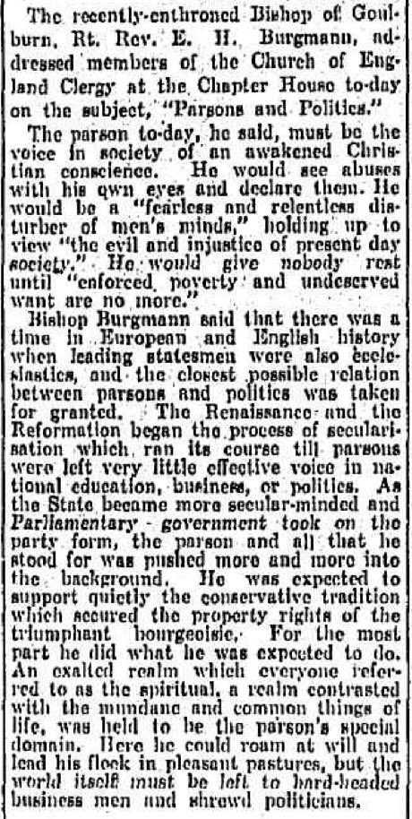 AustAnglican's tweet photo. 4 May 1934: the Rt Revd Ernest Henry Burgmann (1885-1967) installed and enthroned in St Saviour's Cathedral as fifth Bishop of Goulburn (first Australian-born). #anglican @Anglican_CG #89years "Parsons and Politics" (extract): https://t.co/sjrQvqPXFN