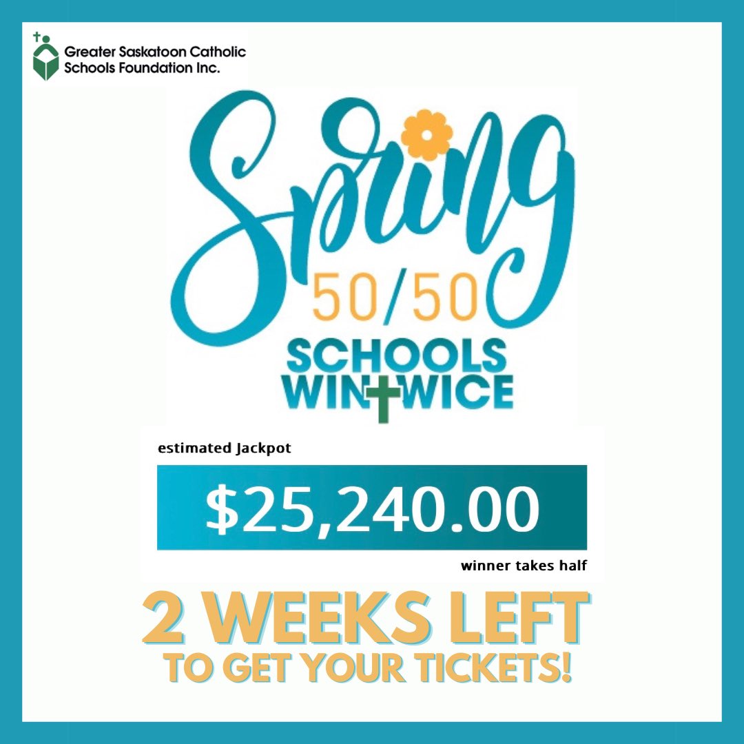 Only 2 weeks left to get your Spring 50/50 tickets! The draw date for your chance to win the jackpot is May 17, 2023. Buy your tickets now and our schools keep winning! Go to schoolswintwice.ca or follow the link in our bio.