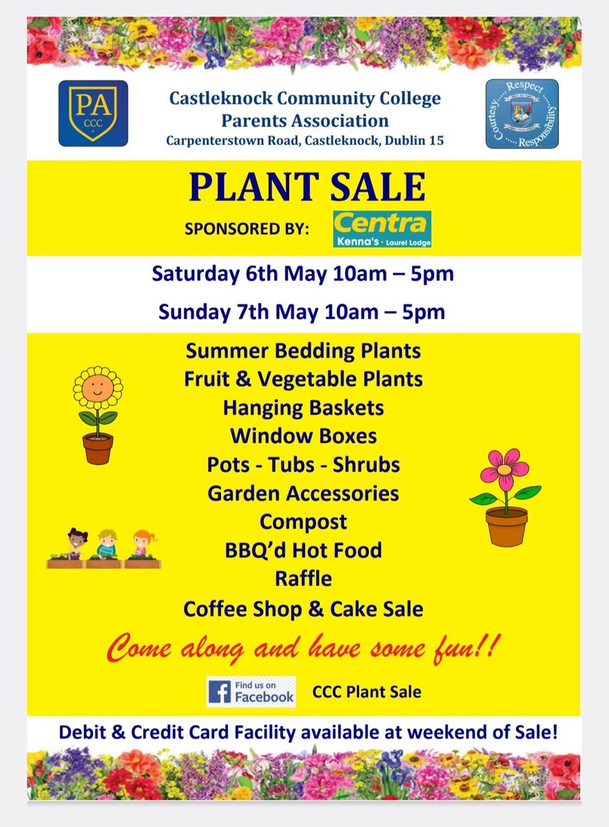 🚨Reminder🚨

The Castleknock Community College Plant Sale takes place this weekend.  @CastleknockCC @CCCPA2 @CccPlantSale 🌷🌹🌻