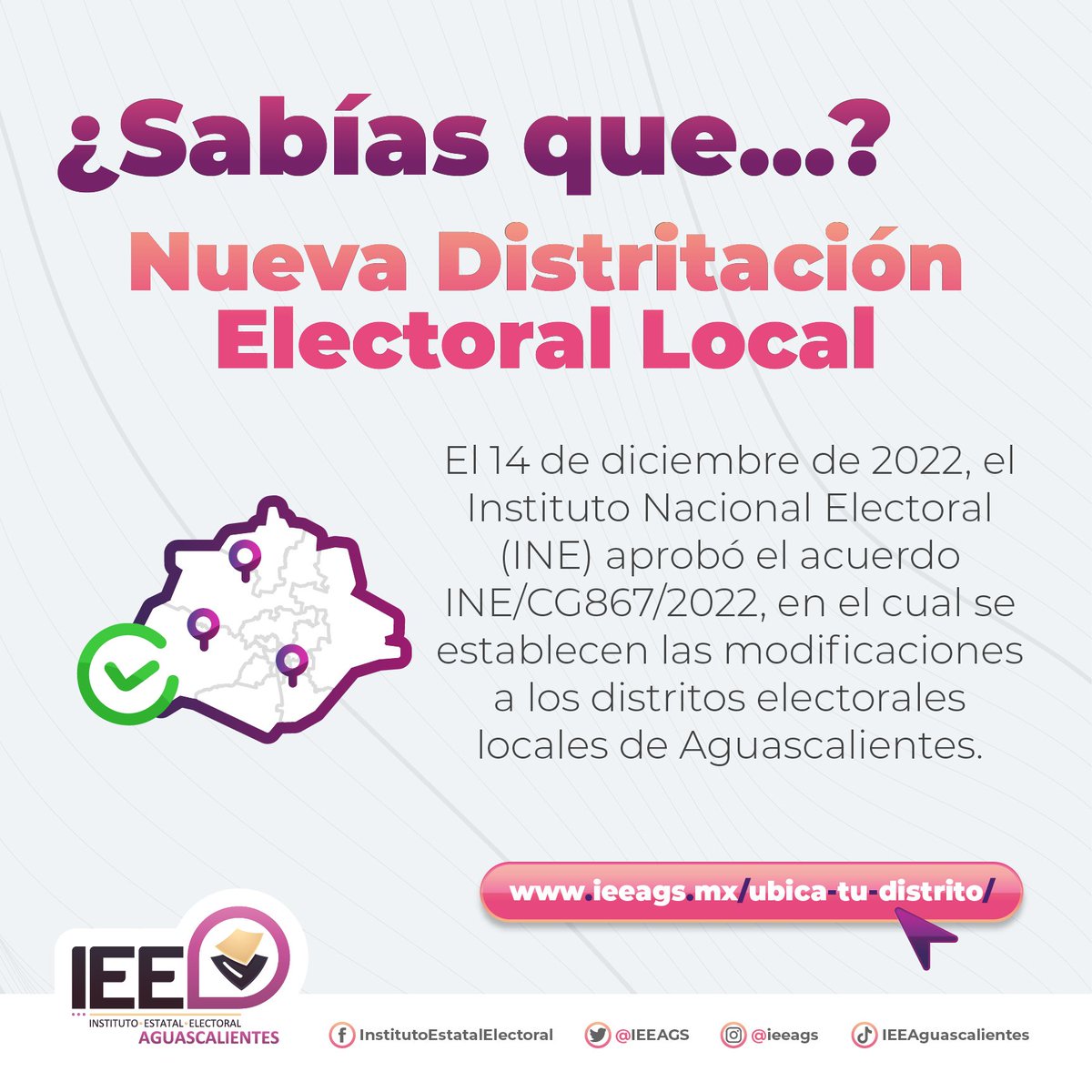 IEEAGS's tweet photo. A través del acuerdo "INE/CG868/2022", el @INEMexico aprobó las modificaciones realizadas a nuestra distritación electoral local.

¿Tienes dudas sobre a qué demarcación perteneces? Te invitamos a conocer "Ubica tu distrito" 💻👀👇🏾

https://t.co/sC6kvBbGIh

#UbicaTuDistrito📍 https://t.co/h7xMe379ce