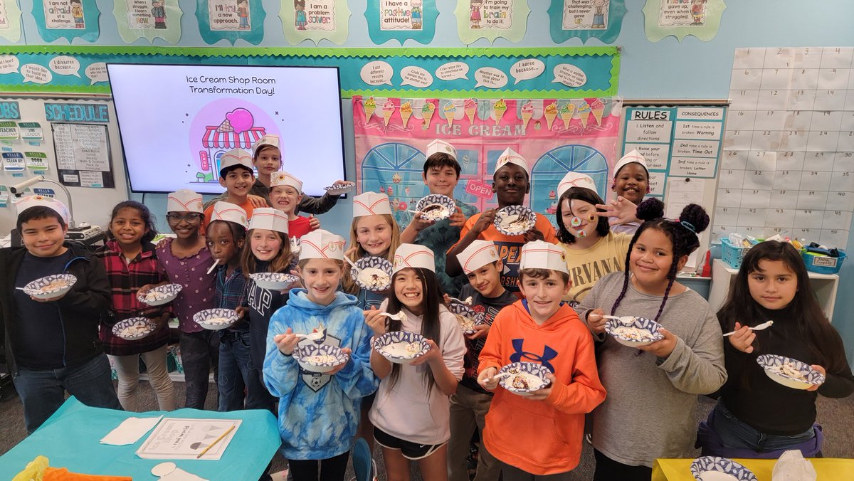 Weatherstone4th's tweet photo. 3rd Quarter Ice Cream Shop room transformation! Students added &amp; subtracted mixed numbers to solve ice cream shop word problems. They earned a sweet treat, too! https://t.co/t9CwFhY4G8