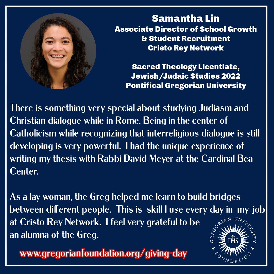 GregorianFund's tweet photo. Join us for our Day of Giving! The first 100 donors unlocks a challenge gift of $10,000. Every gift, from $5 to $500, will make a big impact on the lives our students and the people they serve. People like Samantha Lin from @CristoRey Link to donate in comments.

#jesuiteducated https://t.co/2lI9SCih90