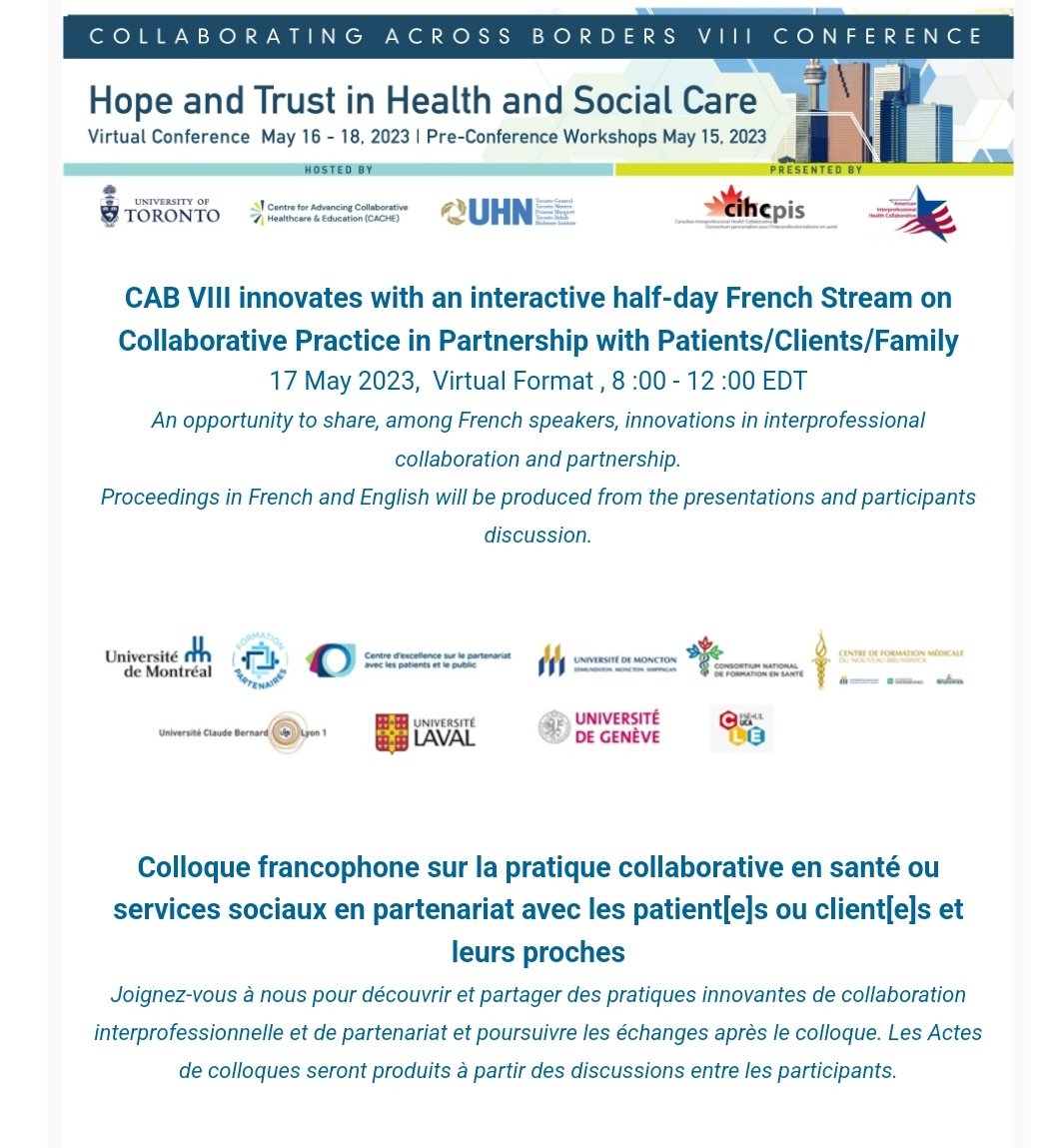 Thanks to a partnership with <a href="/uMontreal_news/">uMontreal News</a>, #CABVIII features a French language stream with participants from around the world! collaboratingacrossborders.com <a href="/IPEUofT/">UofT's CACHE</a> @CIHC_ca <a href="/TIER_UHN/">TIER at UHN</a>