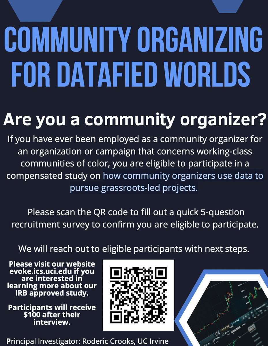 📢: The Evoke Lab is recruiting community organizers for a project on how organizers use data to pursue grassroots-led projects.

Please share with anyone who might be interested. 

Find more info at evoke.ics.uci.edu/recruitment/ or scan the QR code.