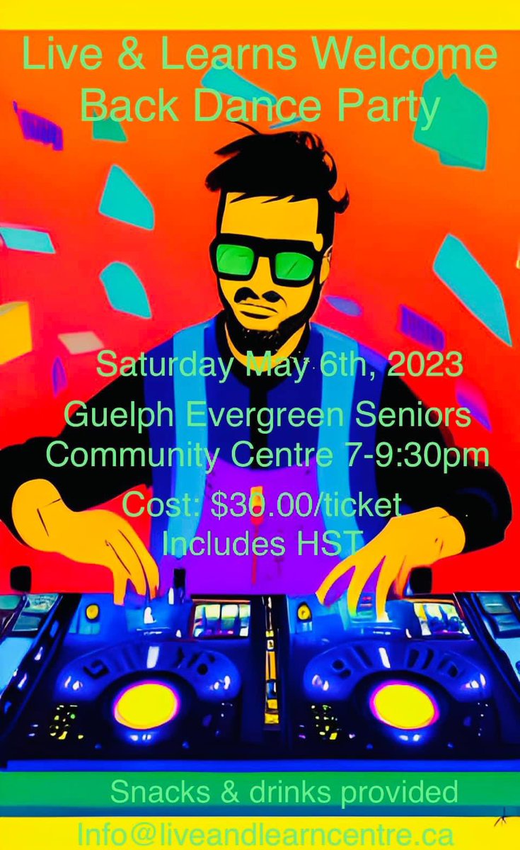 livelearnguelph's tweet photo. T-Minus 3 sleeps until L &amp; L hosts a welcome back Dance party at the Evergreen Seniors Community Centre from 7-9:30pm.  For those that would like to attend but have not registered online, you can pay at the door.  Bring your dancing shoes.  Dj Scott Day is going to rock the house https://t.co/CZeKjPOsOW