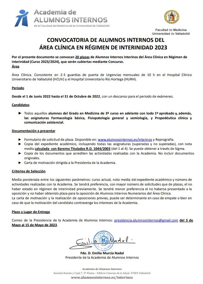 Buenas!

Os traemos la convocatoria para las plazas de *INTERINOS* del Área Clínica de la Academia de Alumnos Internos ❤️

En este periodo abrimos un total de *20 plazas* 😌

Recordad que tenéis desde el día 3 de mayo hasta el día 15 de mayo para apuntaros!