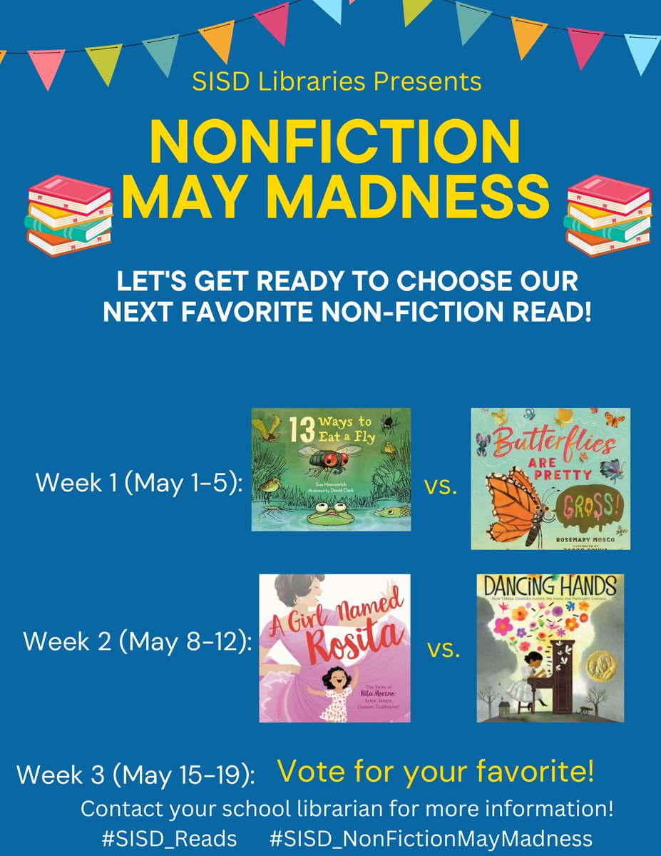 Carolyn del Rio (@cdelrio_lves) on Twitter photo #TeamSISD Don't forget to join us for Week 1 of #SISD_NonFictionMayMadness ! Contact your campus librarian for the link to participate with your class. Can't wait to see who wins! 📚
#SISD_Libraries #SISD_Reads #suehavenrich <a href="/RosemaryMosco/">Rosemary Mosco (Bird And Moon Comics)</a> @AnikaDenise <a href="/margaritapoet/">Margarita Engle</a> #TeamSISD Don't forget to join us for Week 1 of #SISD_NonFictionMayMadness ! Contact your campus librarian for the link to participate with your class. Can't wait to see who wins! 📚
#SISD_Libraries #SISD_Reads #suehavenrich <a href="/RosemaryMosco/">Rosemary Mosco (Bird And Moon Comics)</a> @AnikaDenise <a href="/margaritapoet/">Margarita Engle</a>