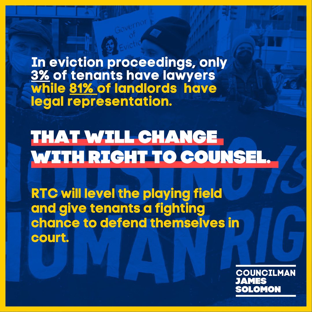 SolomonforJC's tweet photo. Right to Counsel levels the playing field. NYC’s RTC program helped 84% of represented tenants stay in their homes while Cleveland’s RTC program kept 93% of represented renters from being evicted. Let’s keep the most vulnerable members of our community housed. #SupportRTC https://t.co/2vGLXaKfoi