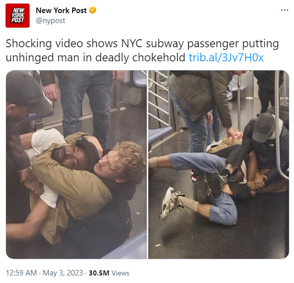 zei_squirrel's tweet photo. the fact that a deranged white ex-marine vigilante just decided to strangle a black man to death on the subway, it was captured on camera, and the NYT and other media still reported on it in the passive voice while exonerating the murderer shows just how depraved they really are https://t.co/avo2ZMnU5o