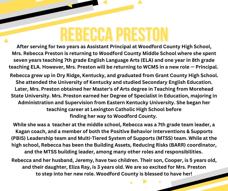 WoodfordCoPS's tweet photo. We are pleased to announce that Mrs. Rebecca Preston will be the Principal of Woodford County Middle School beginning July 1! We are so excited that Mrs. Preston has grown as a Teacher, Asst. Principal &amp; now Principal in WCPS! She is an asset to the district and helps kids win! https://t.co/KP5j8Oa2XF