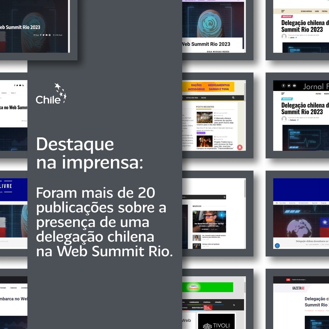 A participação do Chile na Web Summit Rio - evento que termina amanhã (4) - rendeu mais de 20 publicações na imprensa de todo o país.

A presença da delegação chilena, composta por mais de 40 empresas, foi destaque em jornais do Amazonas, Piauí e muito mais.

#Chile #imprensa