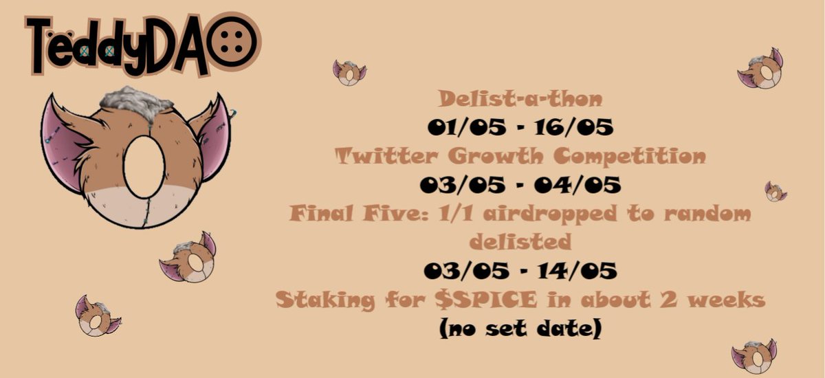TeddyFurDAO's tweet photo. A few things from todays AMA. 
Delist competition is still on going we are currently in 3rd! So keep it up and delist those Teddies.
Twitter growth comeptition has started so share this tweet and lets get more people aware of TeddyDAO.
@oogyNFT #oogy https://t.co/3ZGpwUMG2R