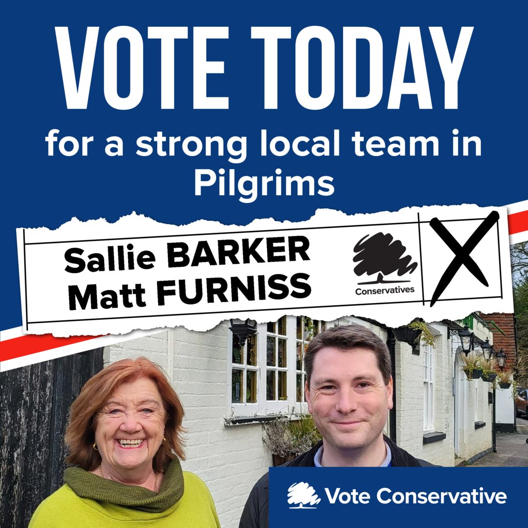 Vote today for Sallie Barker and Matt Furniss in Pilgrims.

Conservatives have a plan for a better Guildford with low Council Tax, fairer parking charges and a Council working for you.

Read more about our plan below:

guildfordconservatives.com/local-election…

#VoteConservative